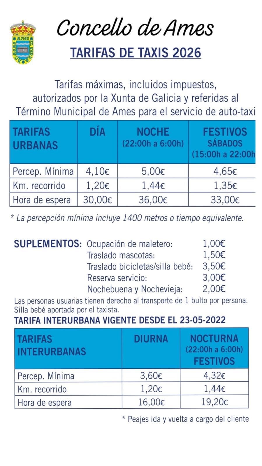 Tarifas Taxi Bertamiráns 2026 - Imagen 1